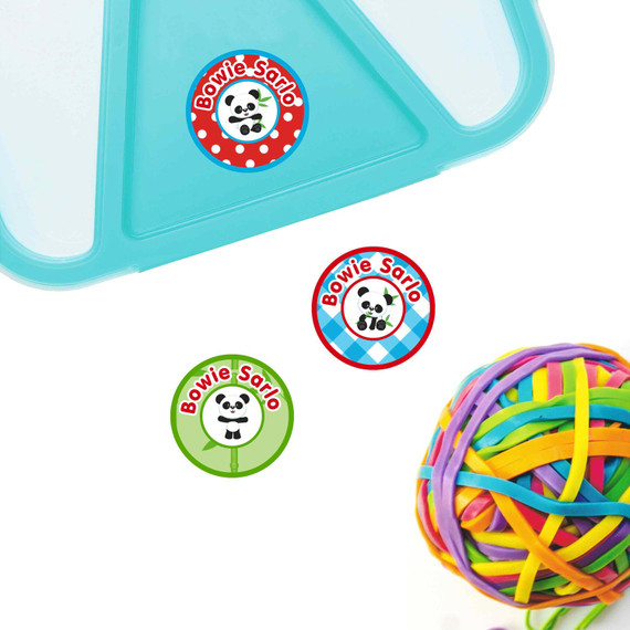 Pandas small round name labels — waterproof circle stickers for kids