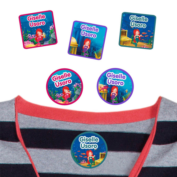 Mermaids peel and stick clothing labels for kids — clothing stickers made to order