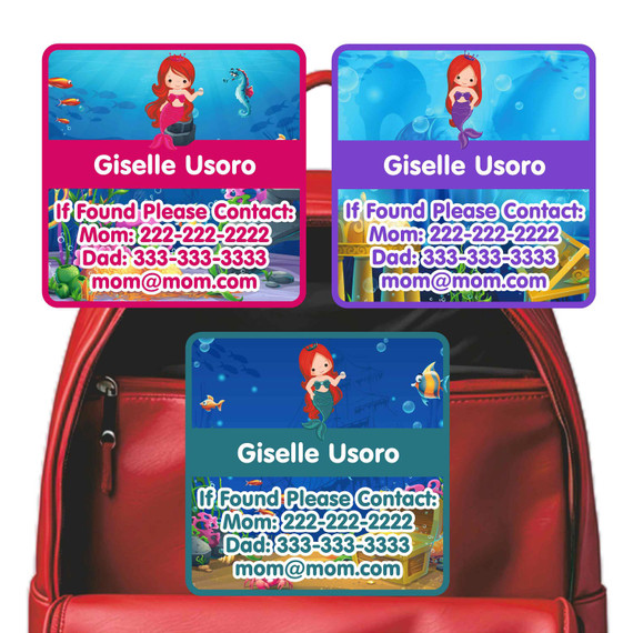 Mermaids emergency contact labels — personalized phone number stickers for kids