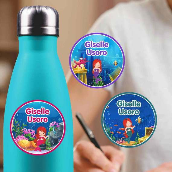 Mermaids medium round labels — waterproof circle name stickers for kids