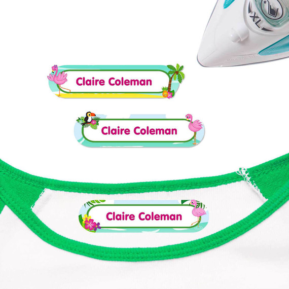 Flamingos iron on nametags for clothes — personalized iron-on clothing labels for kids