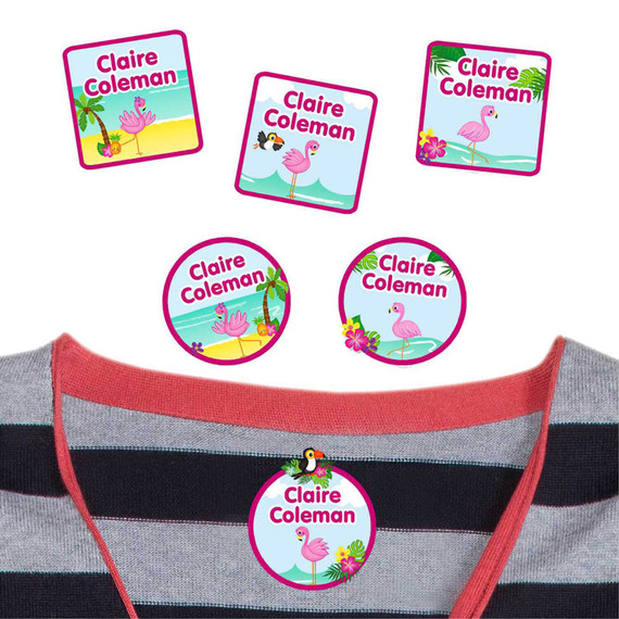 Keep your child's shirts safe with Flamingos camping name tags. High-performance tags for school clothes.