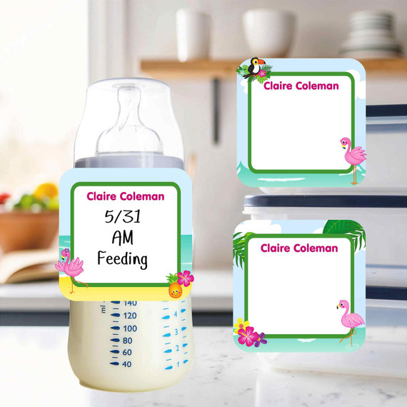 Flamingos small square write-on labels — reusable waterproof daycare