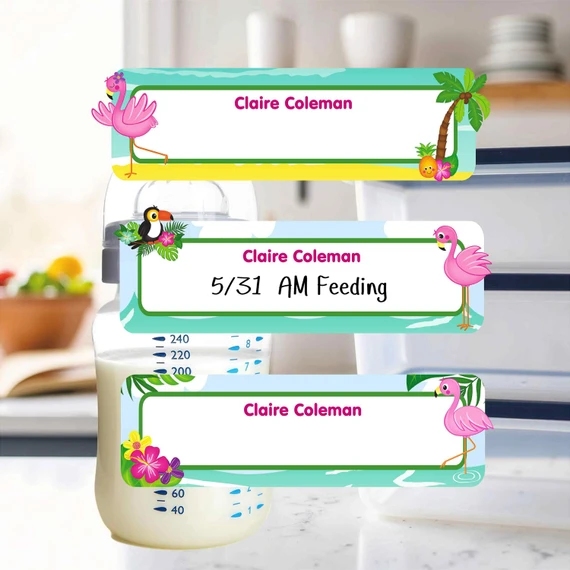 Flamingos small rectangle write-on labels — reusable waterproof