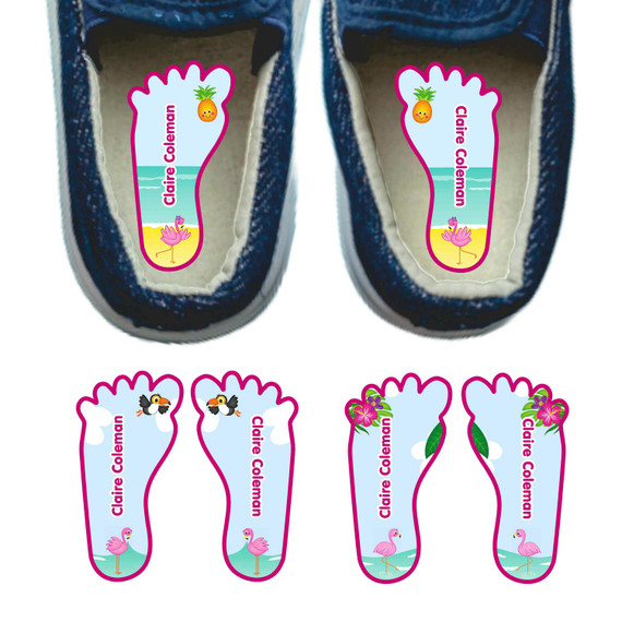 Flamingos left and right foot-shaped labels for kids shoes Flamingos left and right foot-shaped labels for kids shoes