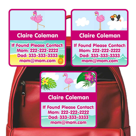 Flamingos emergency labels with tropical beach flamingo design