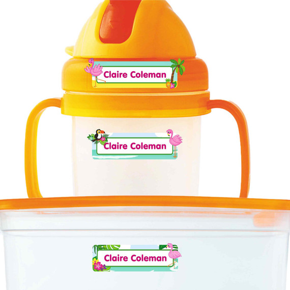 Flamingos extra small waterproof name stickers — mini sticker labels for small items and gear
