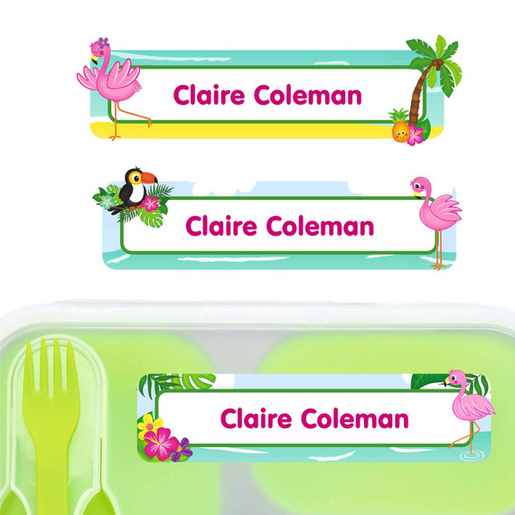 Flamingos large rectangle name labels — waterproof sticker labels for school supplies and water bottles