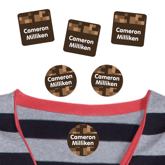 Personalized Pixel Craft custom stick on clothing labels on a shirt. Relatable designs that make labeling clothes a breeze.
