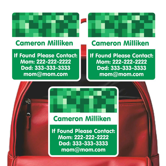 Pixel Craft emergency contact labels — personalized phone number stickers for kids
