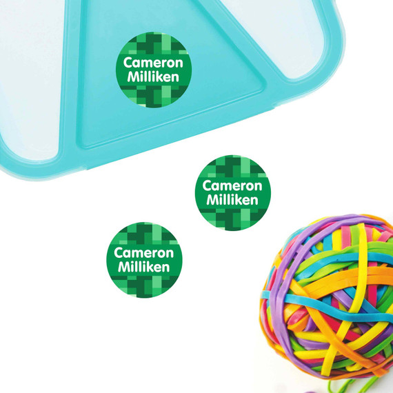 Pixel Craft small round name labels — waterproof circle stickers for kids