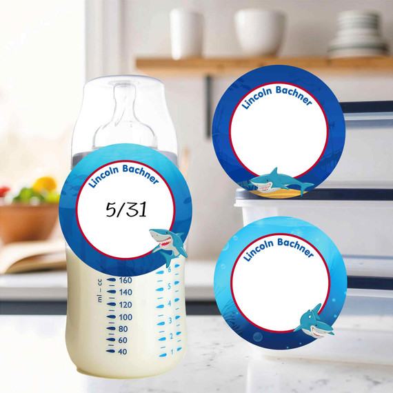 Mighty Sharks small round write-on labels — reusable waterproof daycare
