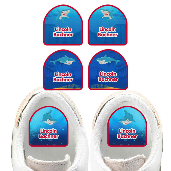 Mighty Sharks shoe name labels — personalized waterproof labels for shoes