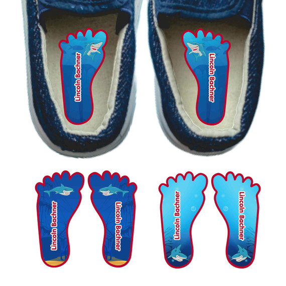 Sharks foot-shaped labels teaching left and right shoes Sharks foot-shaped labels teaching left and right shoes