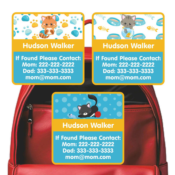 Kittens emergency contact labels — personalized phone number stickers for kids