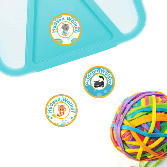 Kittens small round name labels — waterproof circle stickers for kids