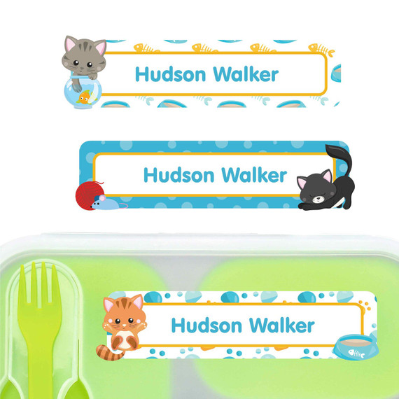 Kittens large rectangle name labels — waterproof sticker labels for school supplies and water bottles