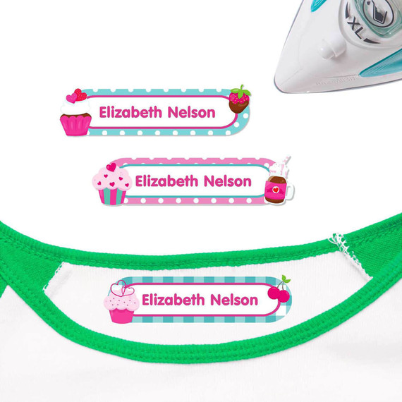 Cupcakes iron on nametags for clothes — personalized iron-on clothing labels for kids