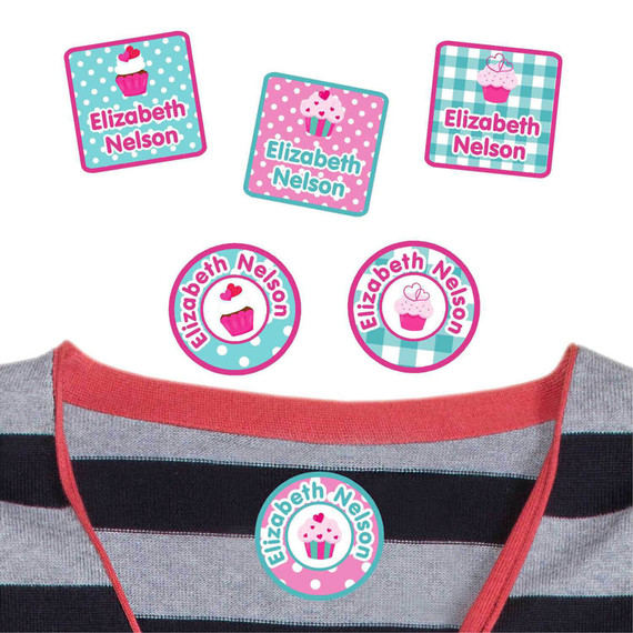 Cupcakes peel and stick clothing labels for kids — clothing stickers made to order