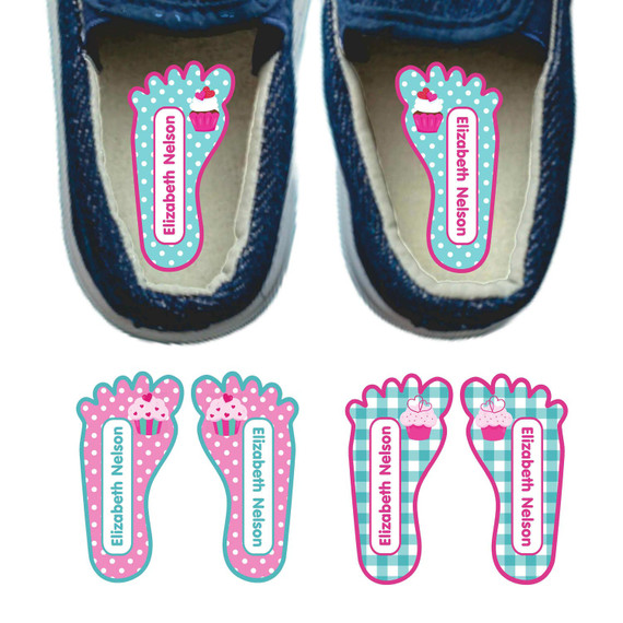 Cupcakes left right foot-shaped shoe labels for kids