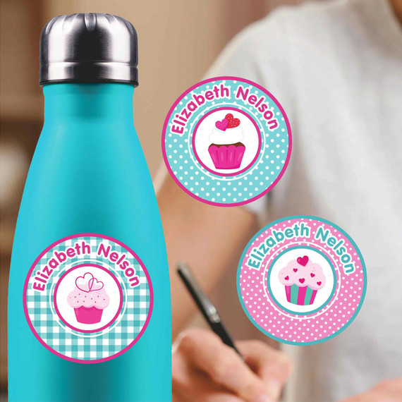 Cupcakes medium round labels — waterproof circle name stickers for kids