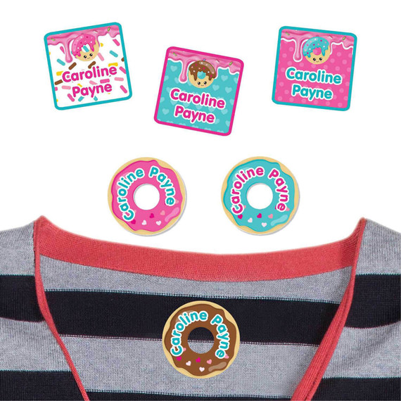 Sticky Monkey Labels Donuts iron on custom clothing labels shown on a shirt. The easy way to label kids' jackets.
