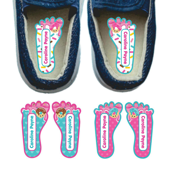 Donuts foot labels for shoes — left and right foot-shaped shoe stickers
