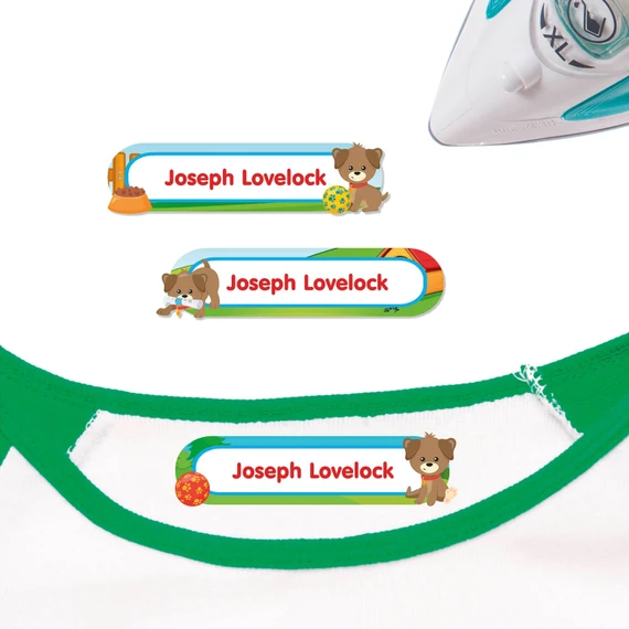 Playful Puppies iron on nametags for clothes — personalized iron-on clothing labels for kids