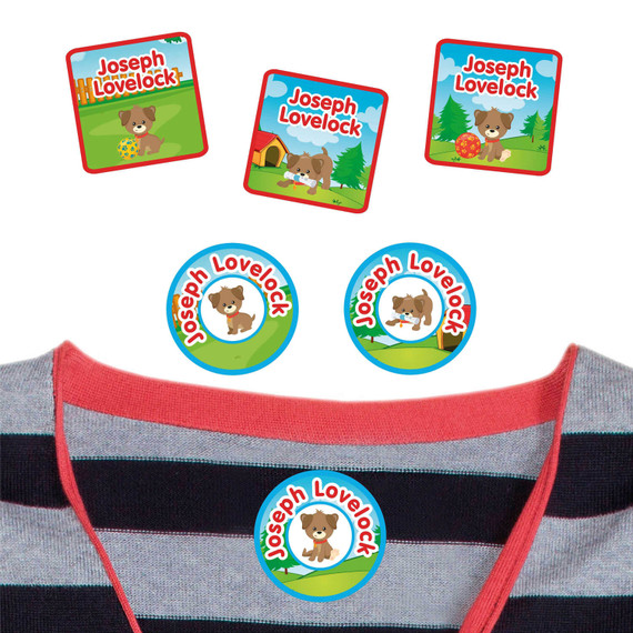 Playful Puppies peel and stick clothing labels for kids — clothing stickers made to order