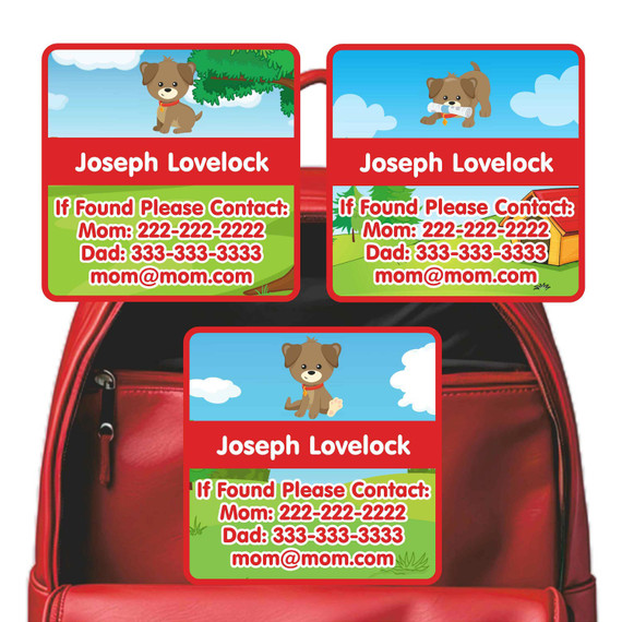 Playful Puppies emergency contact labels — personalized phone number stickers for kids