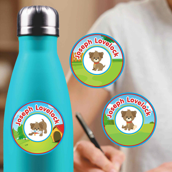 Playful Puppies medium round labels — waterproof circle name stickers for kids