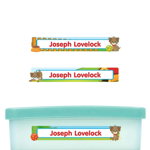 Playful Puppies slim name stickers — waterproof stickers for water bottles and small containers