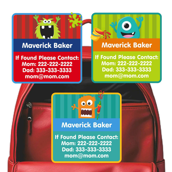 Monster Mayhem emergency contact labels — personalized phone number stickers for kids