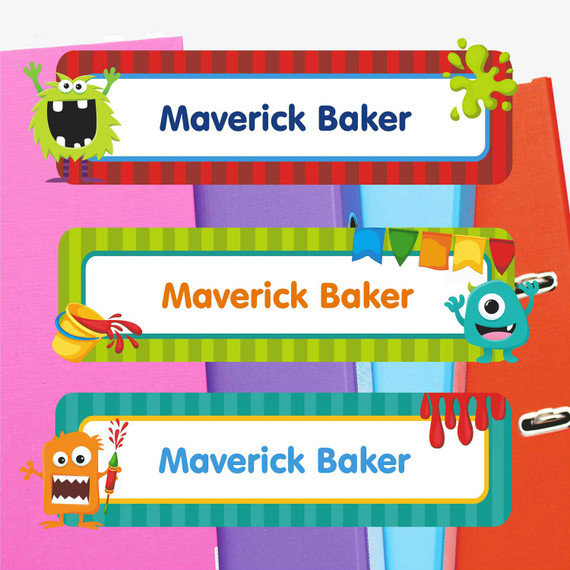 Monster Mayhem extra large waterproof name labels — name stickers for water bottles and school gear