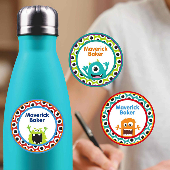 Monster Mayhem medium round labels — waterproof circle name stickers for kids