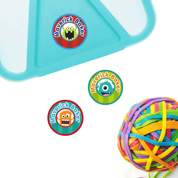 Monster Mayhem small round name labels — waterproof circle stickers for kids