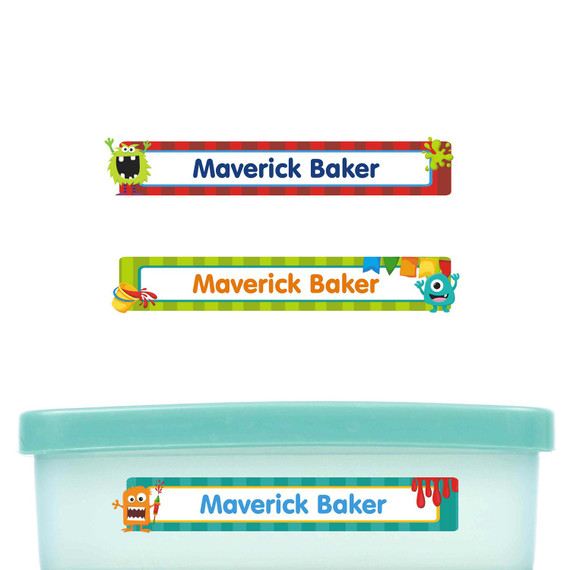 Monster Mayhem slim name stickers — waterproof stickers for water bottles and small containers