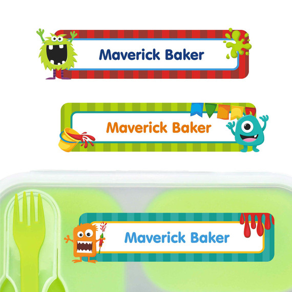 Monster Mayhem large rectangle name labels — waterproof sticker labels for school supplies and water bottles