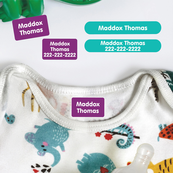 Customized daycare clothing labels in Solids design. Reliable, laundry-safe name tags that stay stuck on school shirts.
