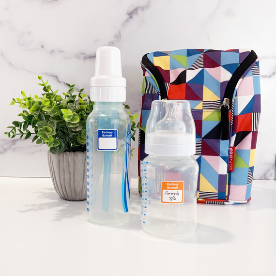 Waterproof name and date baby bottle labels for daycare — daily tracking system