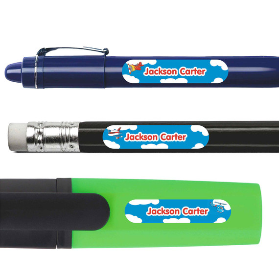 Airplanes pencil labels — personalized name stickers for school supplies