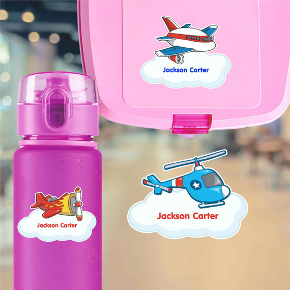 Airplanes water bottle name labels — custom die-cut waterproof stickers for kids