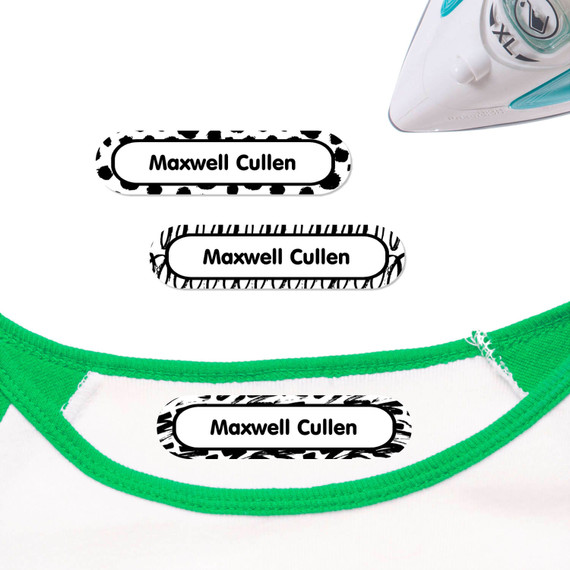 Black & White Abstract iron on nametags for clothes — personalized iron-on clothing labels for kids