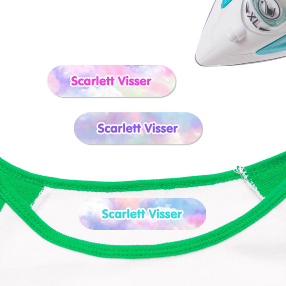 Clouds iron on nametags for clothes — personalized iron-on clothing labels for kids