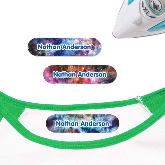 Durable Galaxy iron on labels. High-quality tags that stay stuck through laundry day.