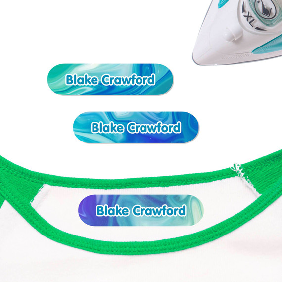 Liquid Swirl iron on nametags for clothes — personalized iron-on clothing labels for kids