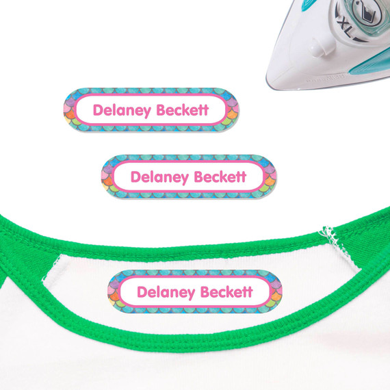 Fun Mermaid Scales preschool labels for identifying kids' clothing and school gear.