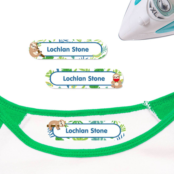 Custom Sloth Buddies name tags. Stay-stuck name tags for daycare and school clothes.