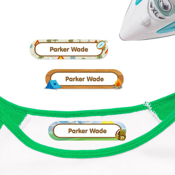Camping iron on nametags for clothes — personalized iron-on clothing labels for kids