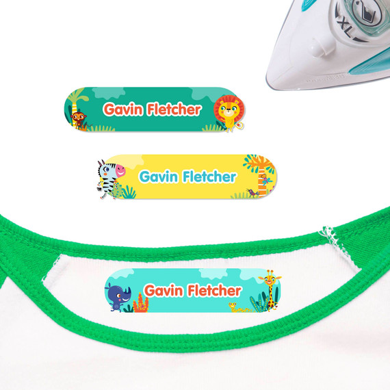 African Safari iron on nametags for clothes — personalized iron-on clothing labels for kids